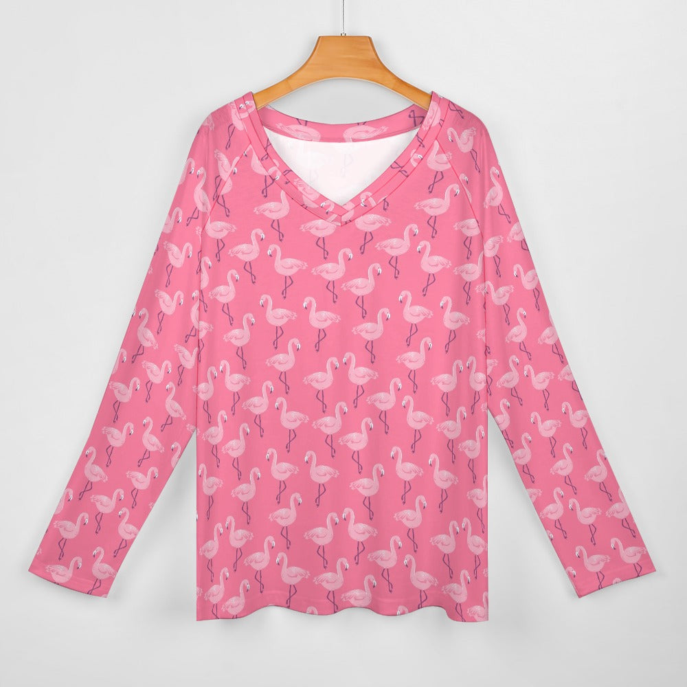Pink Flamingo Women Long Sleeve Tshirt loose fit, Bird Animal Relaxed V-neck Designer Graphic Aesthetic Ladies Female Tee Top Shirt