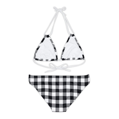 Black and White Gingham Bikini Set, Check High Waisted Cute Cheeky Bottom String Triangle Top Sexy Swimsuits Women Swimwear