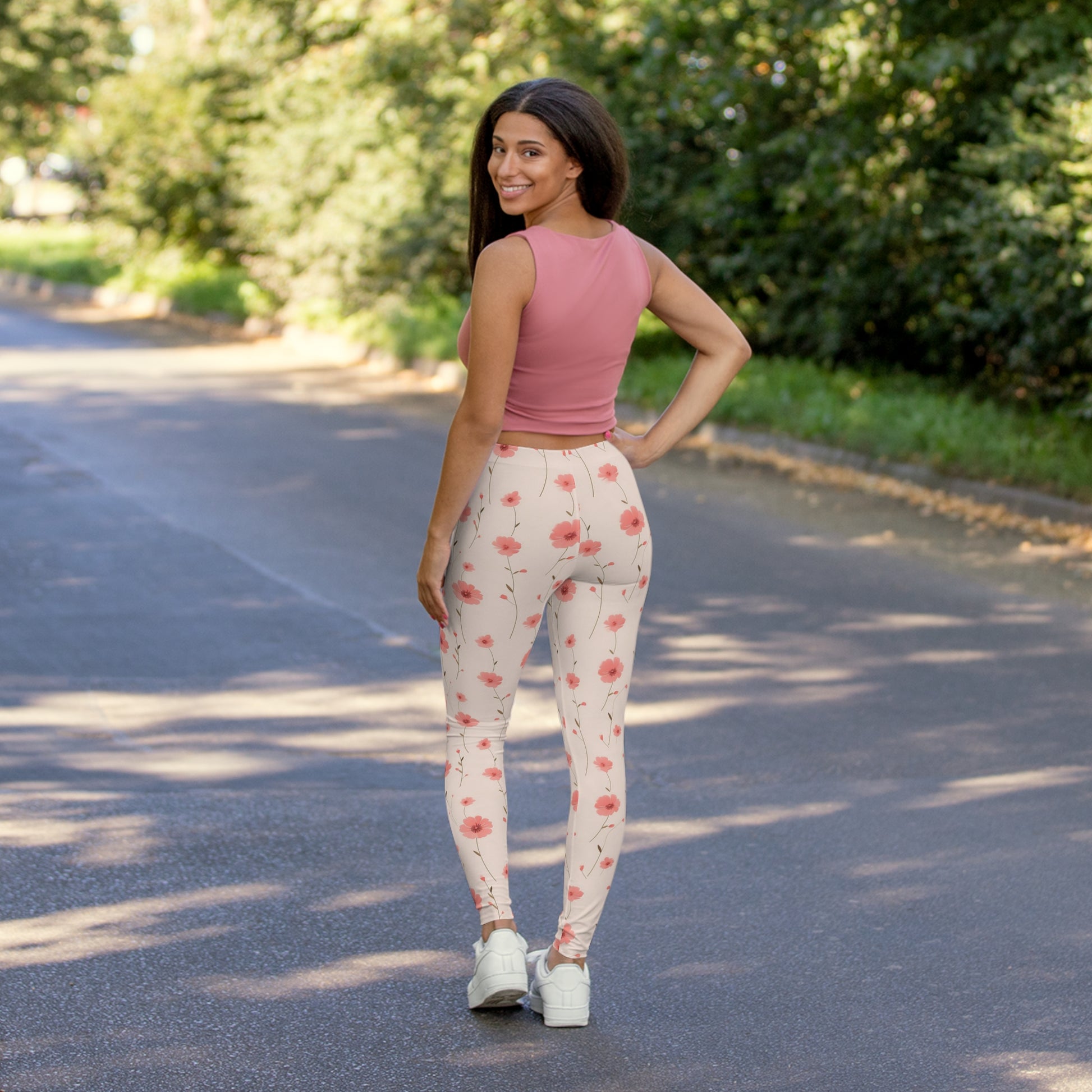 Pink Flowers Leggings Women, Floral Printed Yoga Pants Spandex Skinny Cute  Graphic Workout Running Gym Fun Designer Tights