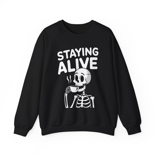 Staying Alive Coffee Sweatshirt, Skeleton Halloween Funny Graphic Crewneck Fleece Cotton Sweater Jumper Pullover Men Women Adult Top
