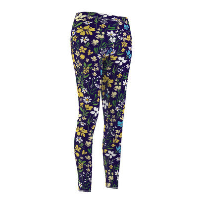 Floral Leggings Women Ladies, Yellow Purple Flowers Printed Yoga Pants Cute Spring Workout Running Gym Fun Designer Tights Gift