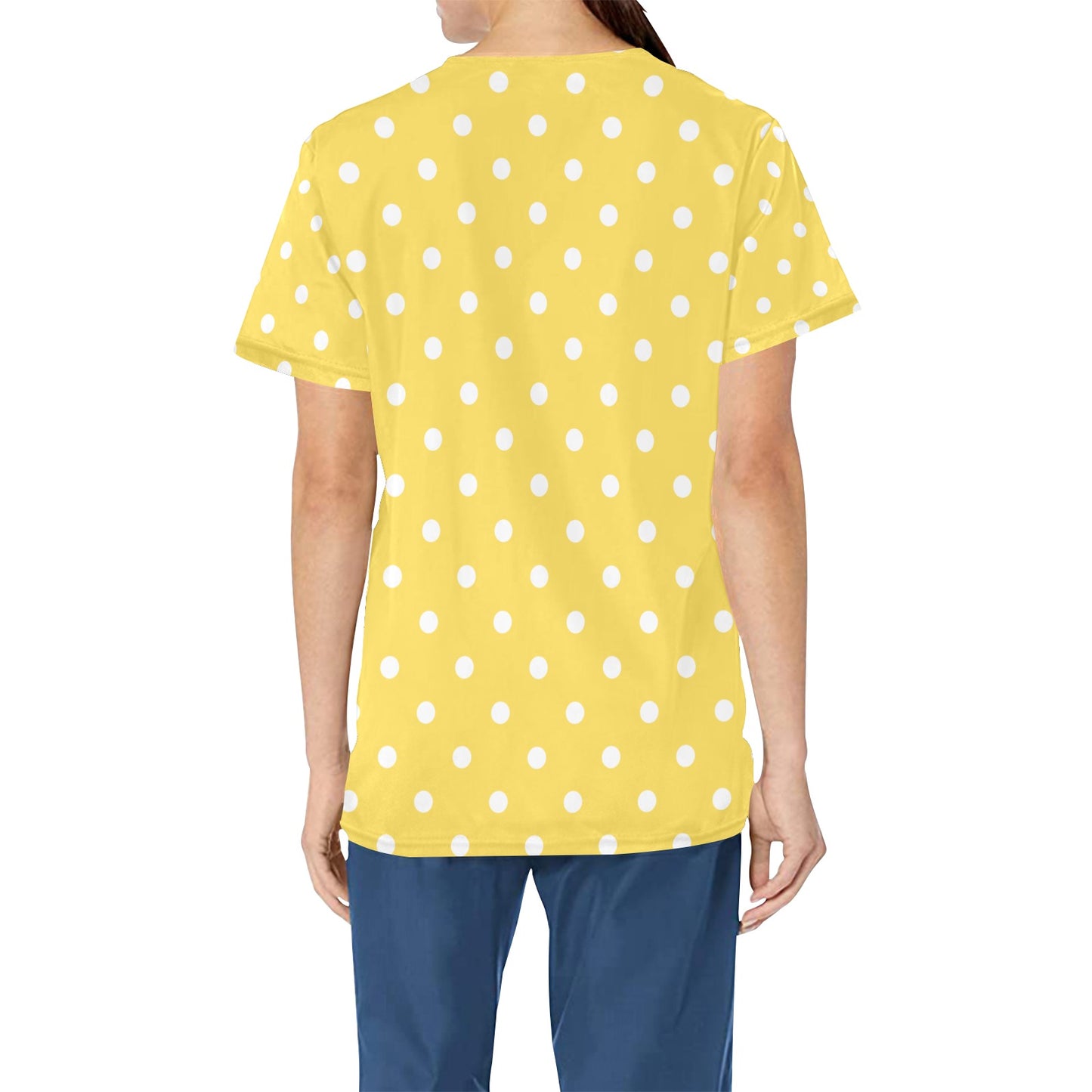 Yellow Polka Dots Medical Scrubs Top Women, Printed Ladies Female Plus Size Nursing Nurse Vet Veterinary Uniform Pockets Patterned