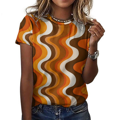 Vintage Retro Women Cotton Tshirt, 70s Brown Wavy Stripes Ladies Female Designer Adult Graphic Aesthetic Fitted Crewneck Tee Shirt Top - Starcove Fashion