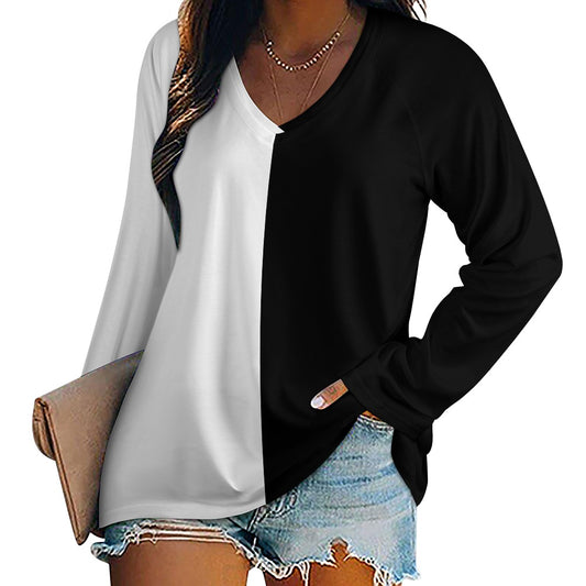 Half Black Half White Women Long Sleeve Tshirt loose fit, Color Block Split 2 Tone Relaxed V-neck Designer Ladies Female Tee Top Shirt