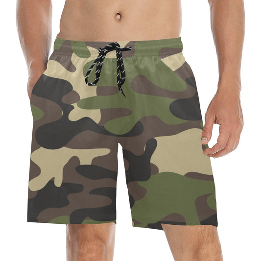 Green Camo Men Swim Trunks, 7" Inseam Shorts Camouflage Beach Pockets Mesh Lining Drawstring Casual Bathing Suit Plus Size Male Swimwear
