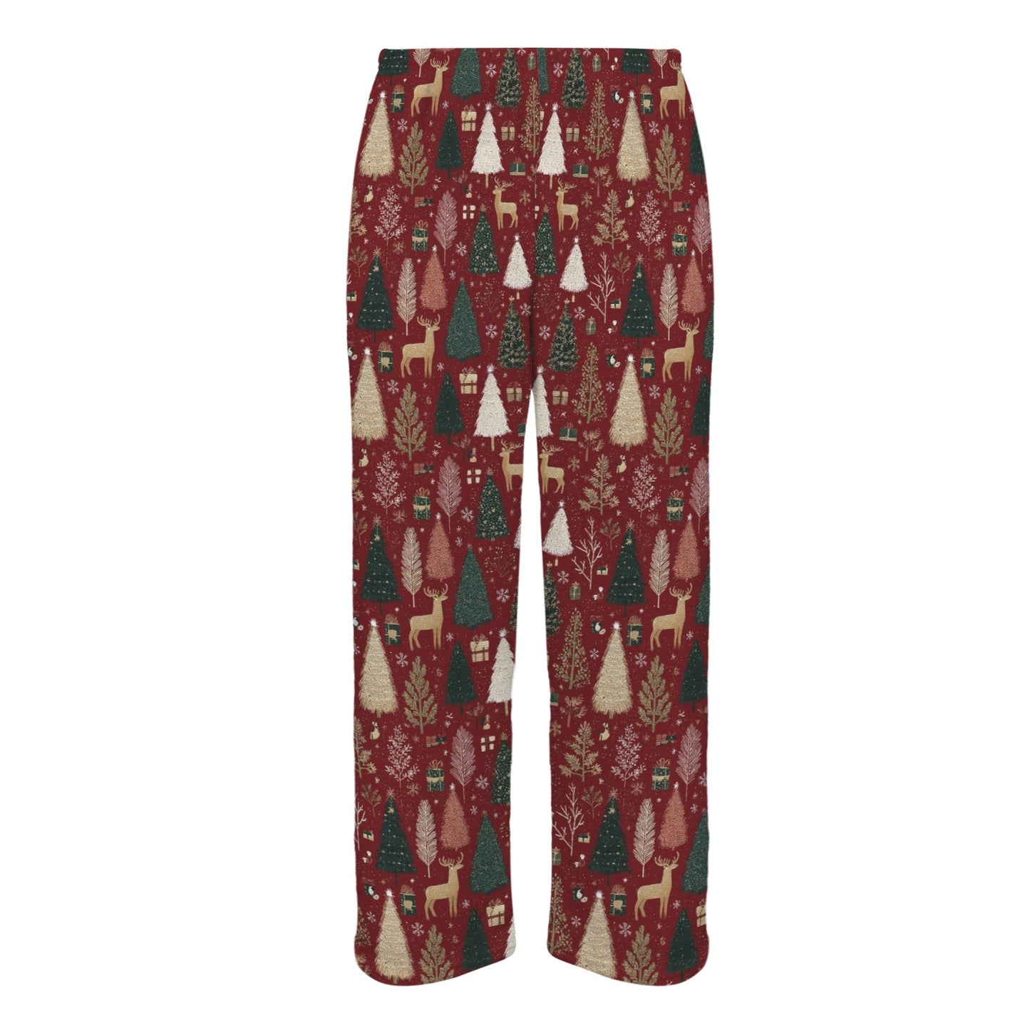 Red Christmas Men Flannel Pajamas Pants, Reindeer Green Trees Snow PJ Sleep Trousers Sleepwear Guys Male Adult Long Lounge Trousers Bottoms