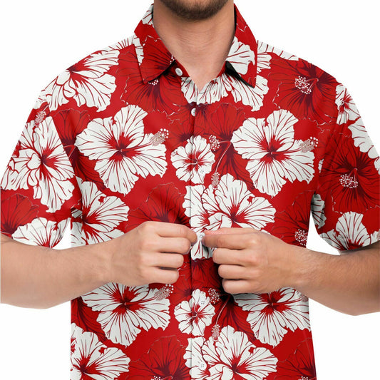 Red and White Floral Men Button Up Shirt, Hibiscus Flowers Short Sleeve Print Casual Buttoned Down Summer Guys Collared Designer Dress Shirt