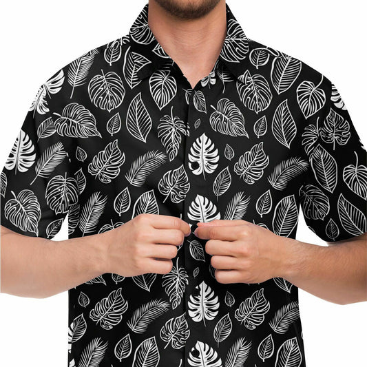Black Tropical Plants Men Button Up Shirt, Leaves Beach Short Sleeve Print Casual Buttoned Down Summer Male Guys Collared Designer Dress