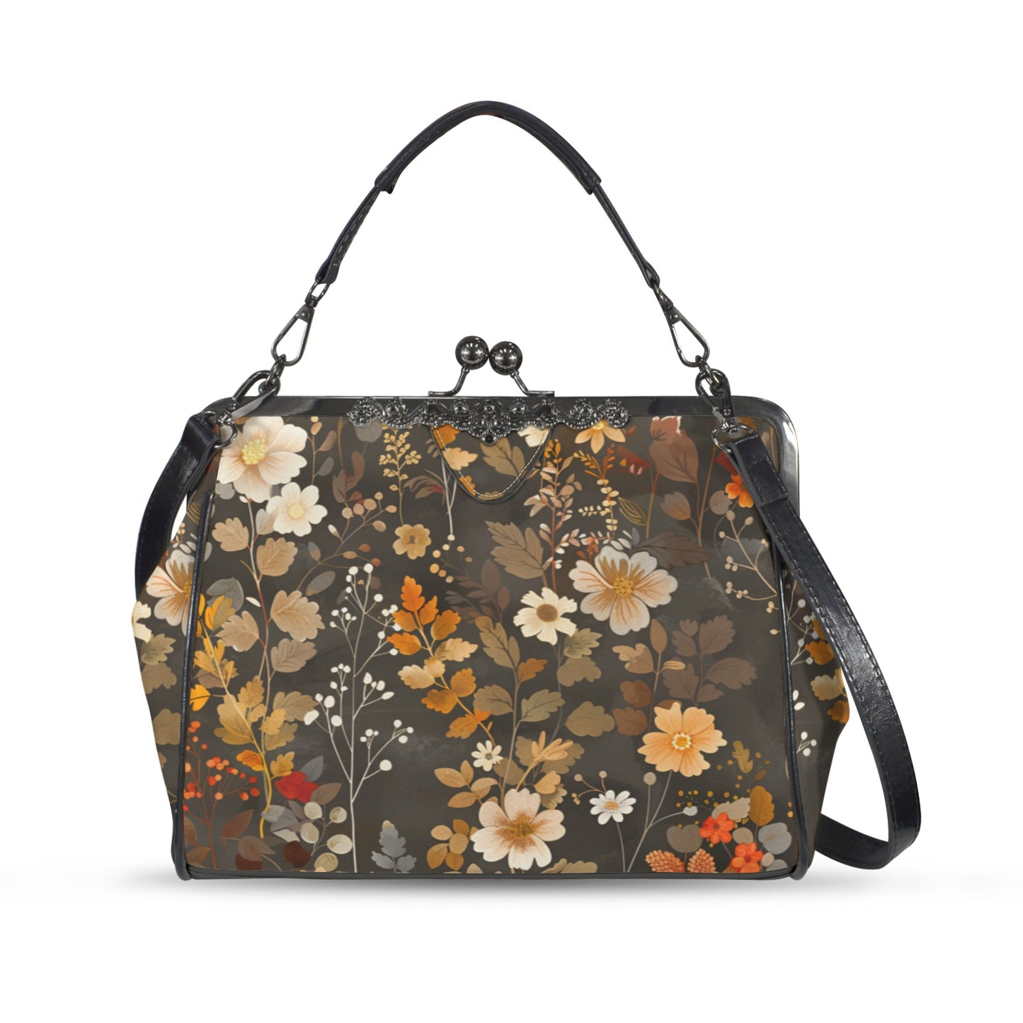 Floral Kiss Lock Purse Handbag, Flowers Brown Green Dark Print Vegan Leather Vintage Designer Shoulder Crossbody Top Handle Clasp Bag