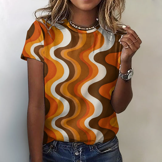 Vintage Retro Women Cotton Tshirt, 70s Brown Wavy Stripes Ladies Female Designer Adult Graphic Aesthetic Fitted Crewneck Tee Shirt Top