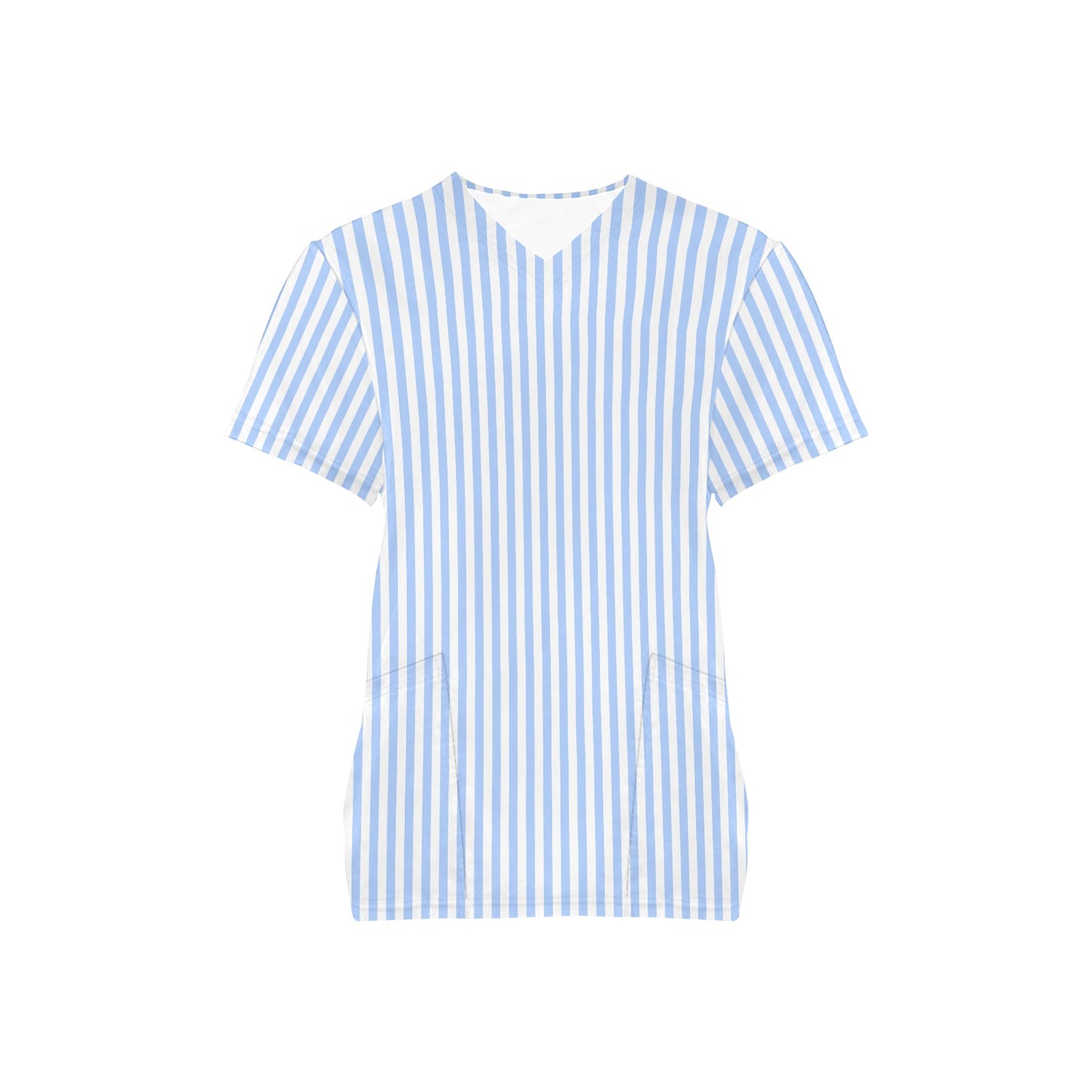 Light Blue Striped Medical Scrubs Top Women, Vertical Stripe Ladies Female Plus Size Nursing Nurse Vet Veterinary Assistant Uniform Pockets