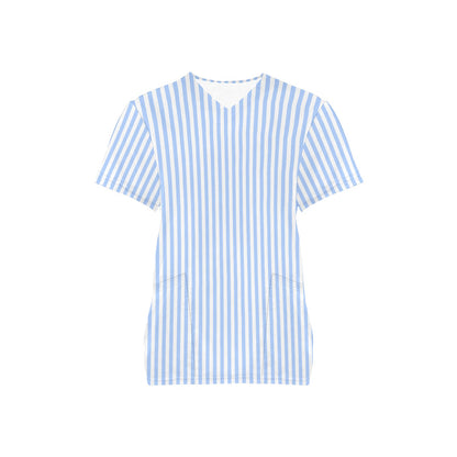 Light Blue Striped Medical Scrubs Top Women, Vertical Stripe Ladies Female Plus Size Nursing Nurse Vet Veterinary Assistant Uniform Pockets