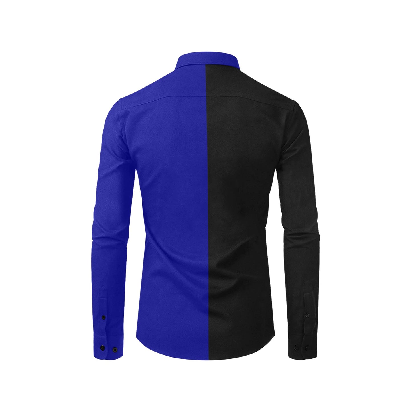 Half Black Half Blue Long Sleeve Men Button Up Shirt, Color Block Split Two Tone Combo Print Buttoned Collared Dress Shirt Chest Pocket