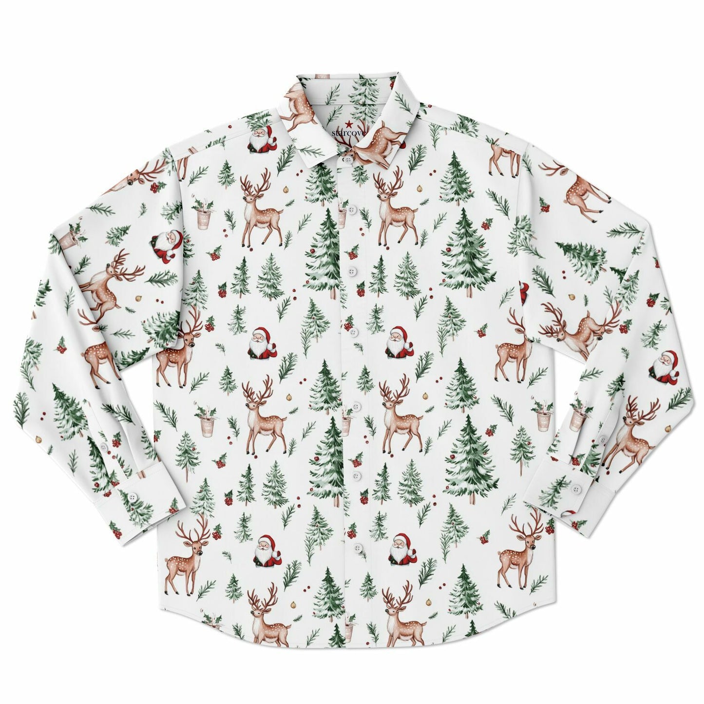 White Christmas Long Sleeve Men Button Up Shirt, Santa Claus Xmas Trees Guys Male Print Buttoned Down Collared Casual Dress Plus Size Shirt
