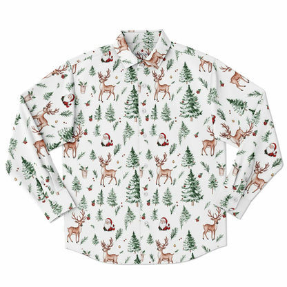 White Christmas Long Sleeve Men Button Up Shirt, Santa Claus Xmas Trees Guys Male Print Buttoned Down Collared Casual Dress Plus Size Shirt