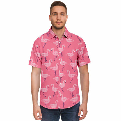 Pink Flamingo Men Button Up Shirt, Tropical Short Sleeve Print Casual Buttoned Down Summer Guys Collared Dress Shirt