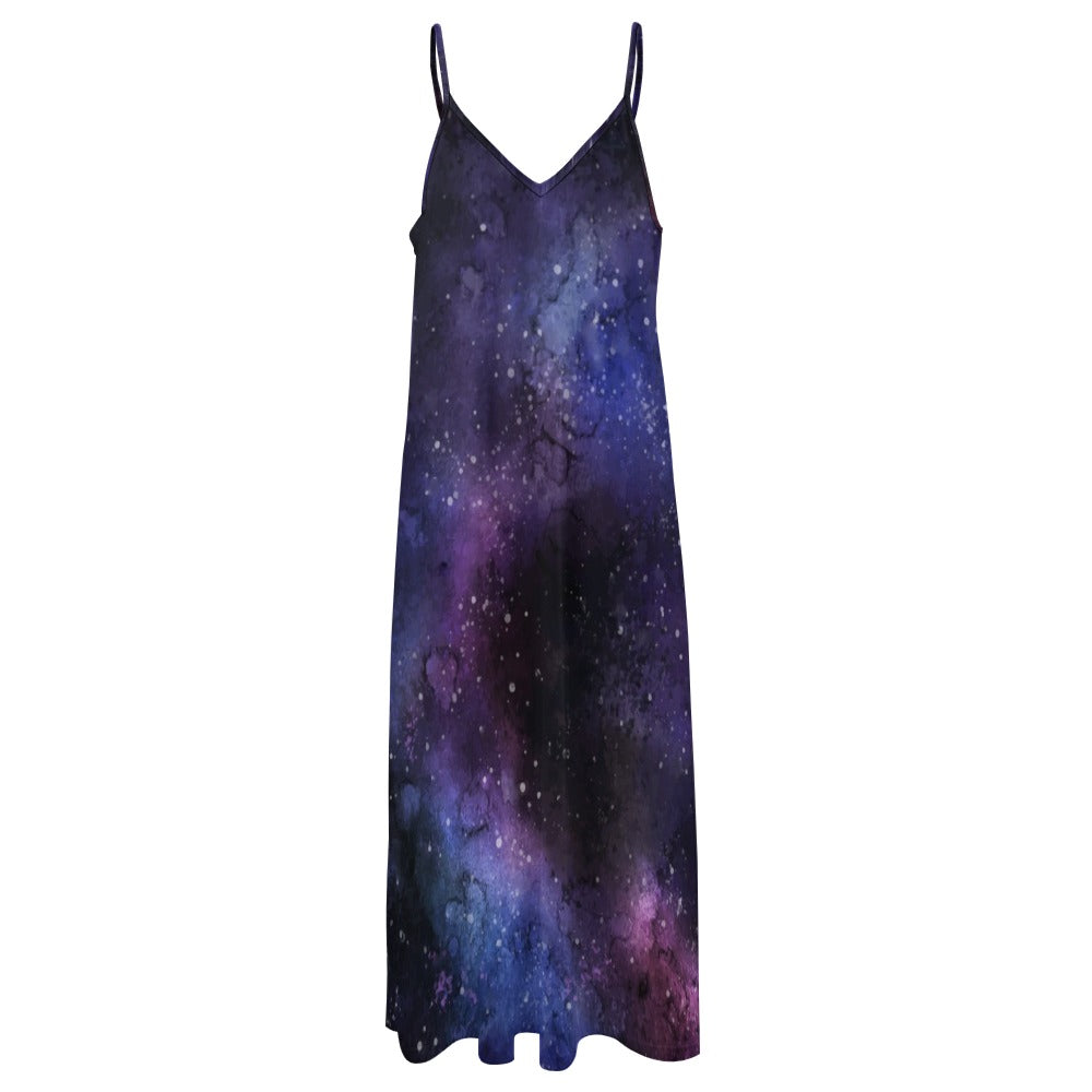 Galaxy Space Maxi Dress, Purple Stars Long Spaghetti Straps Women Sleeveless Casual Cute Designer Elegant Plus Size Cocktail Party Designer