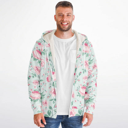Pink Green Floral Zip Up Fleece Lined Hoodie, Flowers Peony Blossom Heavyweight Full Zipper Pocket Men Women Unisex Hooded Sweatshirt Jacket