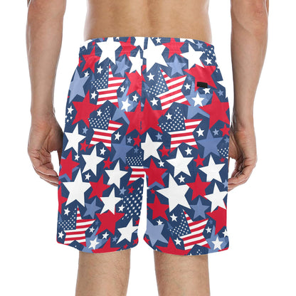 American Flag Stars Men Swim Trunks, Red White Blue Shorts USA Beach Pockets Mesh Lining Drawstring 4th of July Patriotic Bathing Plus Size - Starcove Fashion