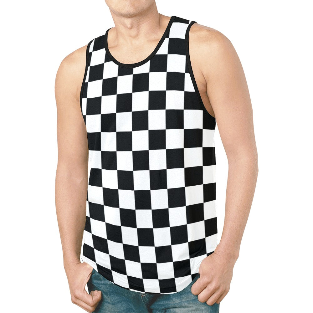 Checkered Tank Top Shirt, Black White Check Men Guys Male Sleeveless Festival Yoga Workout Fitness Sports Summer Casual Muscle Graphic Tee