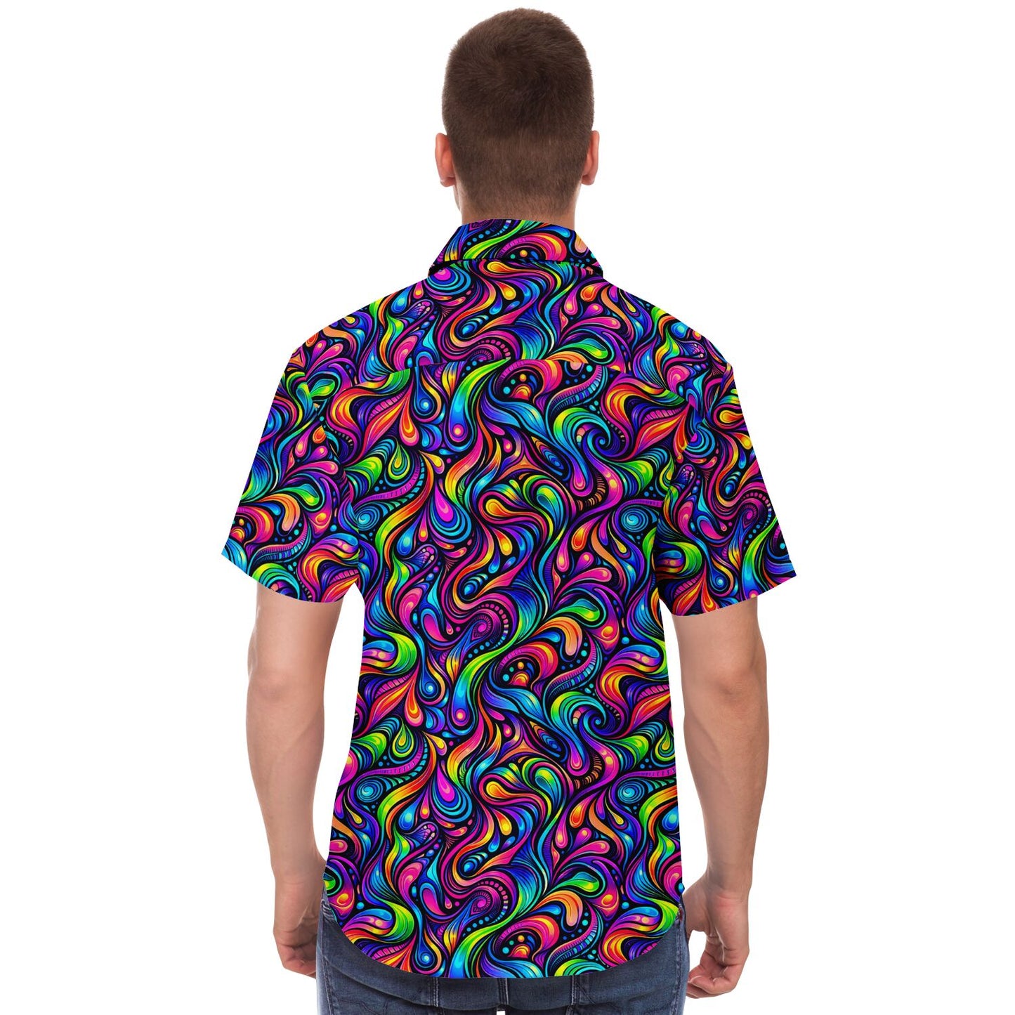 Psychedelic Men Button Up Shirt, Vibrant Trippy Funky Festival Short Sleeve Print Casual Buttoned Down Summer Male Guys Collared Designer - Starcove Fashion