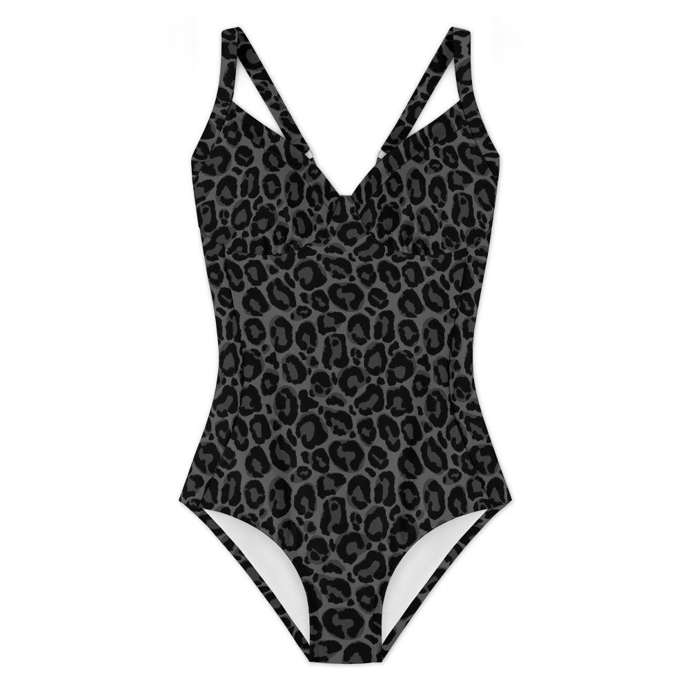 Black Leopard One Piece Swimsuit Women, Grey Animal Print Cheetah Cute Designer Swim Swimming Sexy Bathing Suits Body Ladies Swimwear