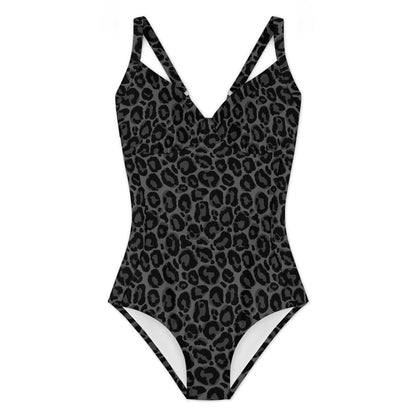 Black Leopard One Piece Swimsuit Women, Grey Animal Print Cheetah Cute Designer Swim Swimming Sexy Bathing Suits Body Ladies Swimwear