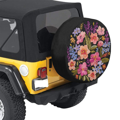 Pink Blue Flowers Spare Tire Cover, Purple Coral Floral Faux Embroidery Printed Floral Wheel Unique Backup Camera Hole Trailer Back Women RV