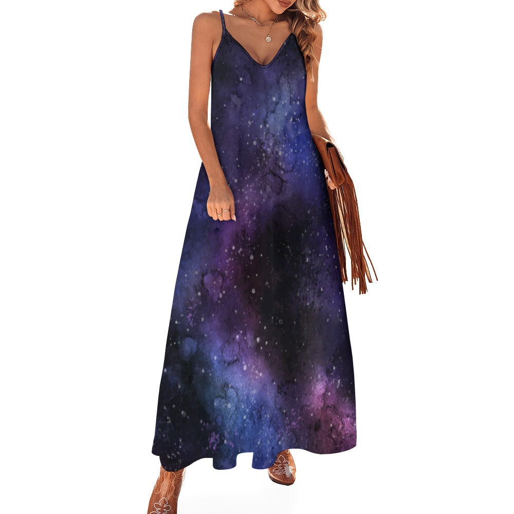 Galaxy Space Maxi Dress, Purple Stars Long Spaghetti Straps Women Sleeveless Casual Cute Designer Elegant Plus Size Cocktail Party Designer