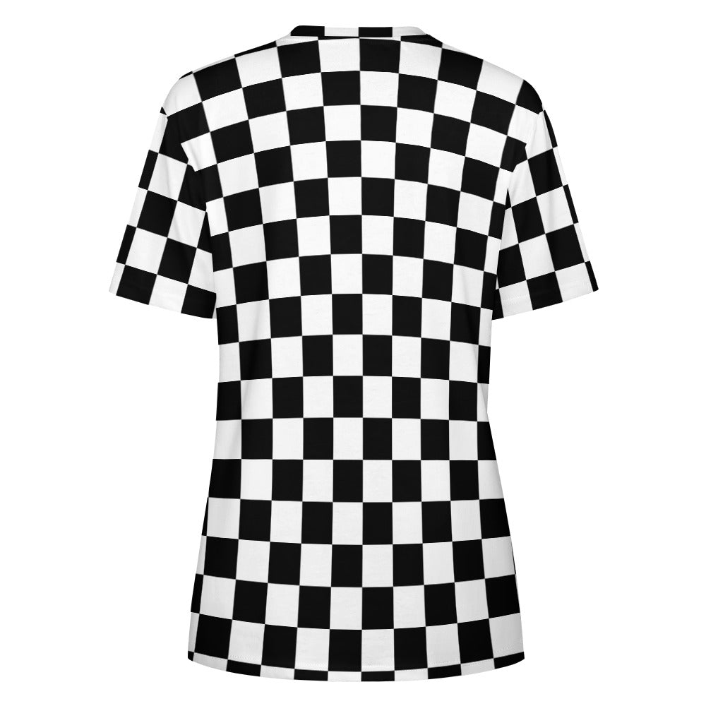 Checkered Women Cotton Tshirt, Black White Check Racing Ladies Female Designer Adult Graphic Aesthetic Fashion Fitted Crewneck Tee Shirt Top