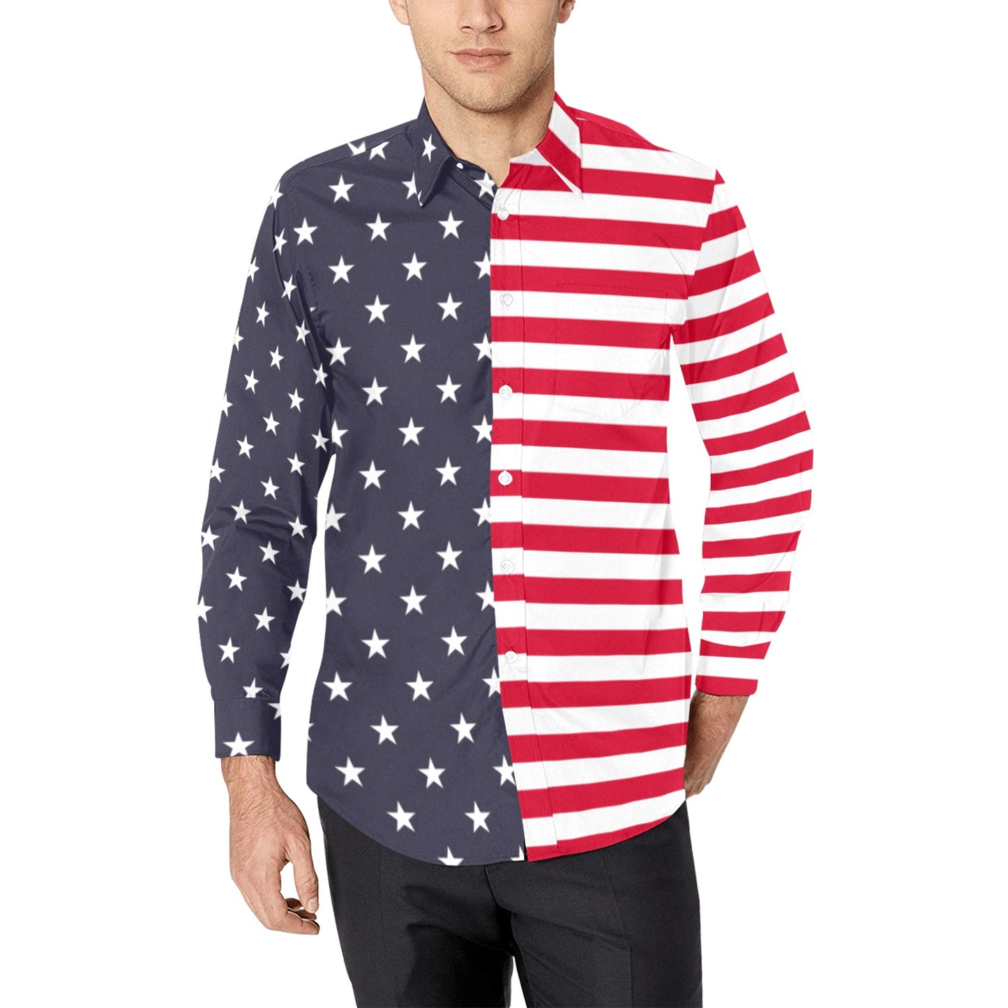 American Flag Men Button Up Shirt, Patriotic Stars Stripes Red White Long Sleeve Buttoned Down Collar Male Guys Casual Dress Chest Pocket