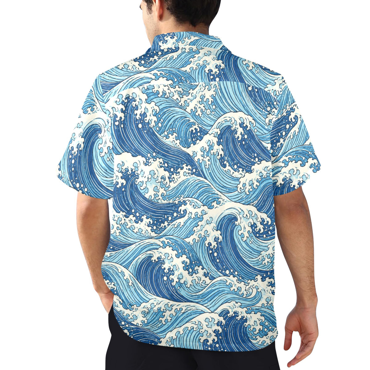 Blue wave Hawaiian Men Shirt, Japanese Ocean Sea Indigo Surf Beach Vintage Aloha Hawaii Tropical Plus Size Guys Button Down Vacation