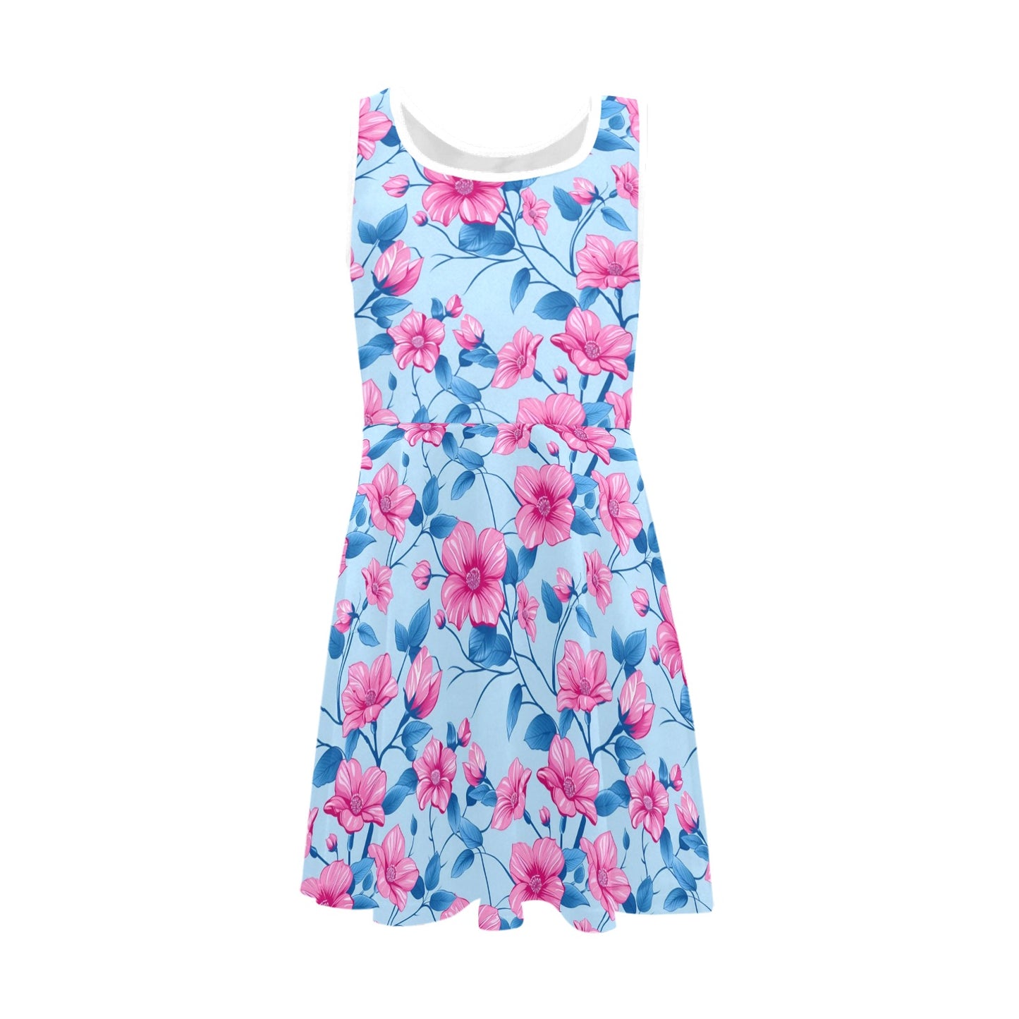 Blue Pink Floral Midi Girls Dress, Flowers Kids Sleeveless Sundress Casual Cute Designer Children Elegant Cocktail Party Summer Designer