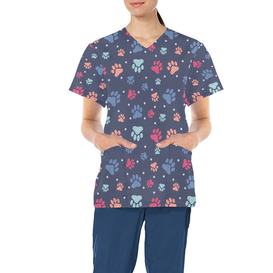 Paws Medical Scrubs Top Women, Pet Dog Cats Ladies Female Plus Size Nursing Cute Printed Nurse Vet Veterinary Tech Uniform V Neck Pockets