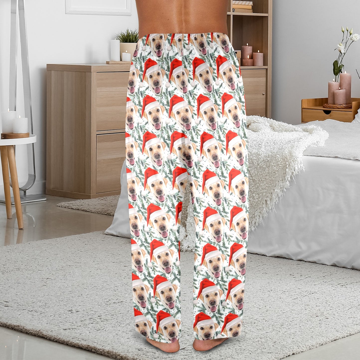 Custom Dog Men Pajamas Pants, Santa Hat Christmas Holidays Personalized PJ Pet Cat Funny Pockets Trousers Guys Family Matching Trousers