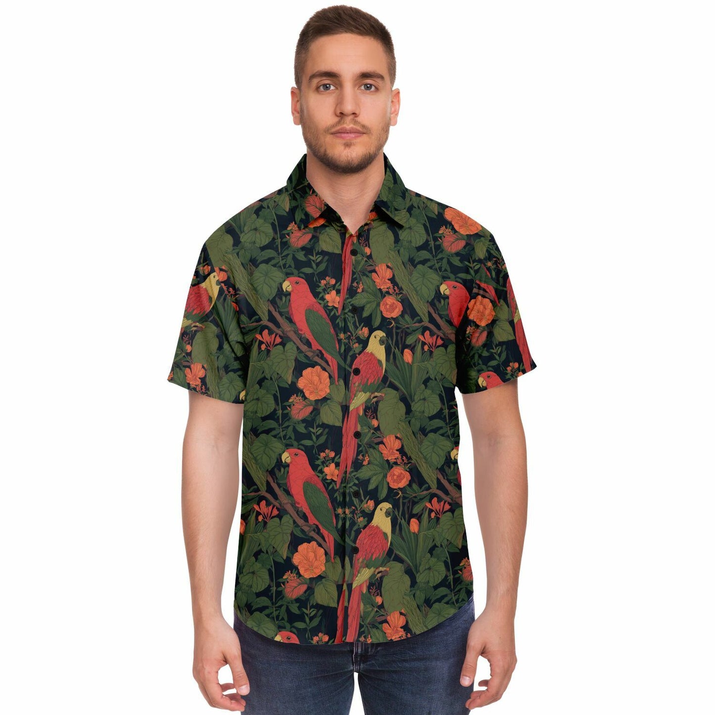 Parrot Men Button Up Shirt, Tropical Bird Plants Green Short Sleeve Print Casual Buttoned Down Summer Male Guys Collared Designer Dress