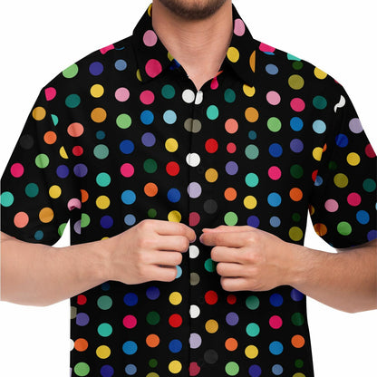 Vibrant Polk Dots Men Button Up Shirt, Colorful Festival Short Sleeve Print Casual Buttoned Down Summer Male Guys Collared Designer Dress