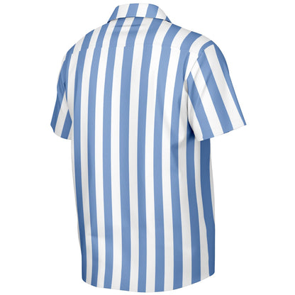 Blue White Striped Men Button Down Shirt, Beach Spread Collar Short Sleeve Guys Casual Print Buttoned Up Plus Size Unisex