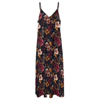 Pink Bordeaux Floral Maxi Dress, Flowers Fall Long Spaghetti Straps Flowy Women Sleeveless Casual Cute Designer Plus Size Cocktail Party Summer