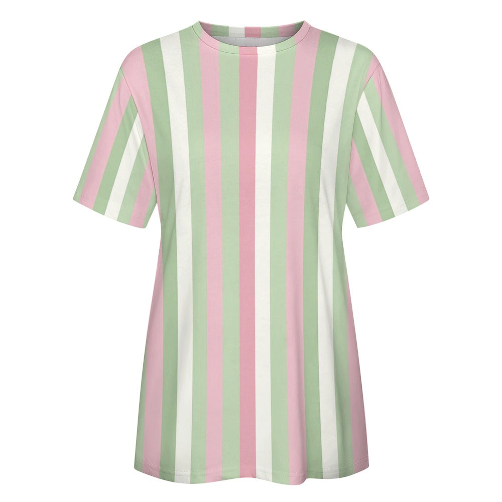 Pink Green Striped Women Cotton Tshirt, Vertical Stripes Ladies Female Designer Adult Aesthetic Fashion Fitted Crewneck Tee Shirt Top - Starcove Fashion