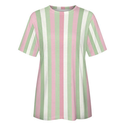 Pink Green Striped Women Cotton Tshirt, Vertical Stripes Ladies Female Designer Adult Aesthetic Fashion Fitted Crewneck Tee Shirt Top - Starcove Fashion