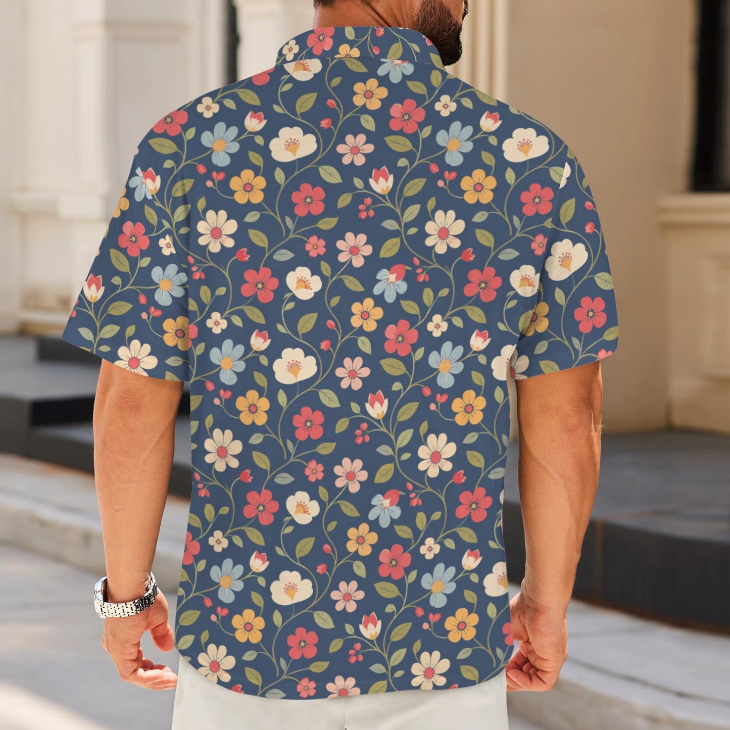 Floral Men Polo Shirt, Navy Blue Resort Flowers Botanical Guys Golf Casual Summer Buttoned Down Up Collared Short Sleeve Sports Tshirt Tee