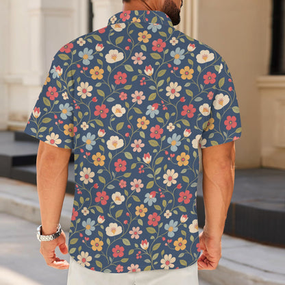 Floral Men Polo Shirt, Navy Blue Resort Flowers Botanical Guys Golf Casual Summer Buttoned Down Up Collared Short Sleeve Sports Tshirt Tee