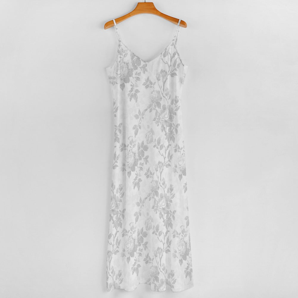 White Floral Maxi Dress, Flowers Long Spaghetti Straps Flowy Women Sleeveless Casual Cute Designer Elegant Plus Size Cocktail Party Summer