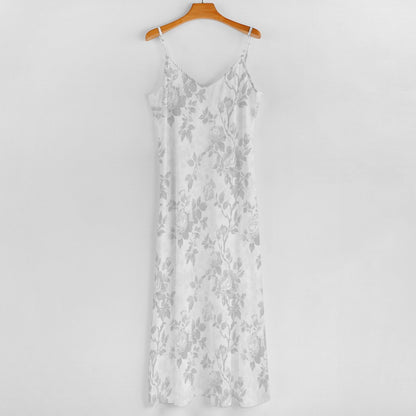 White Floral Maxi Dress, Flowers Long Spaghetti Straps Flowy Women Sleeveless Casual Cute Designer Elegant Plus Size Cocktail Party Summer