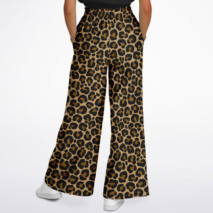 Leopard Wide Leg Jogging Pants, Brown Animal Print Cheetah Flare Sweatpants Pockets Women Flared Sweats Cotton Fleece Ladies Joggers