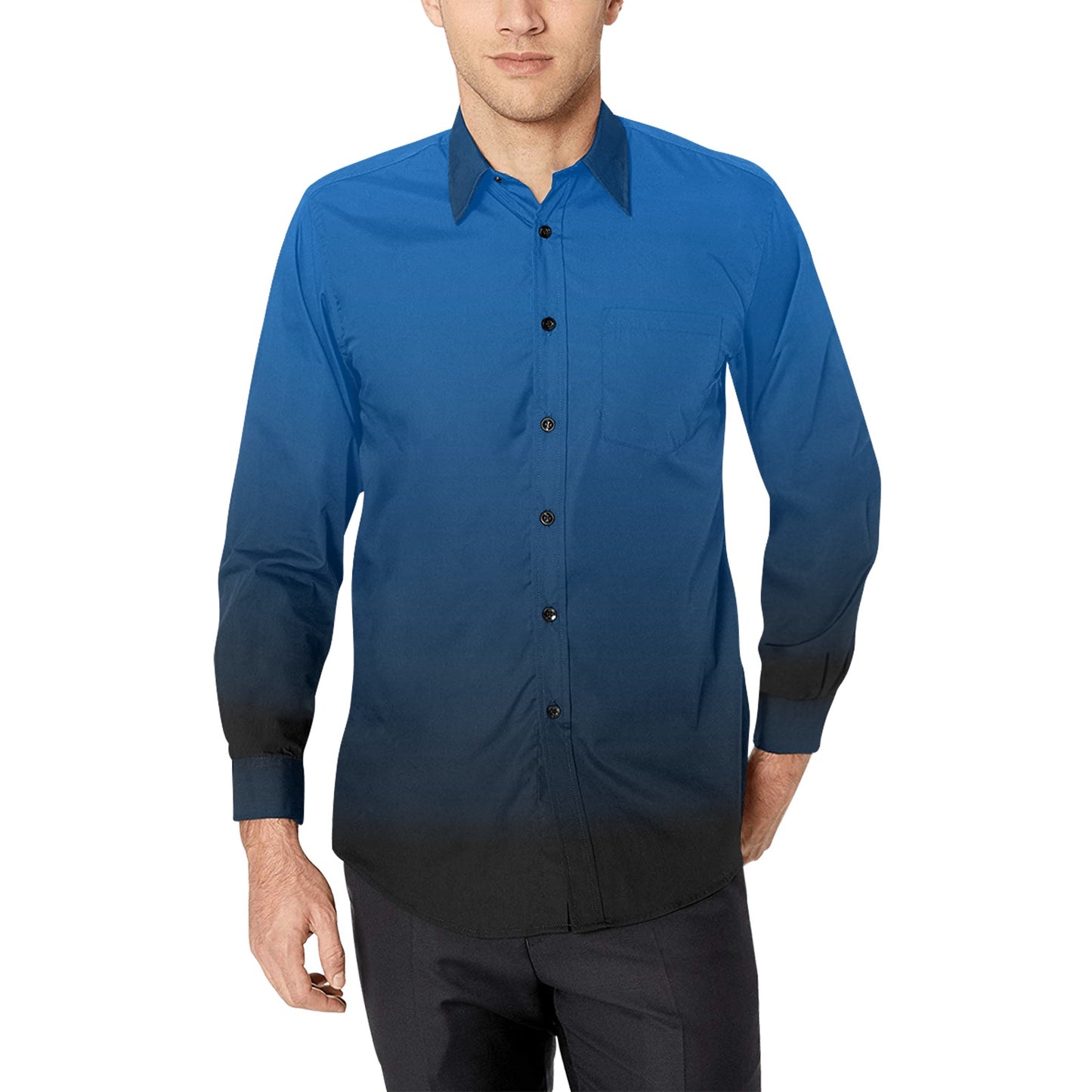 gradient dress shirt Blue Button Stand Up Collar Shirt Mens Long Sleeve Gradient Classic Casual Dress