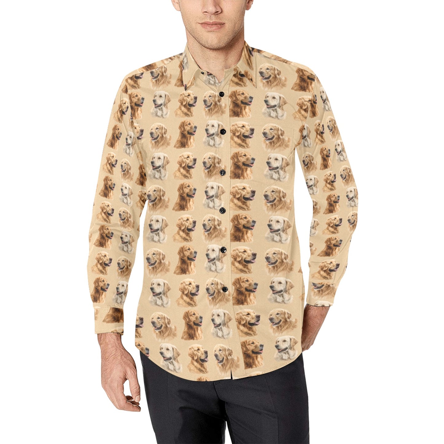 Dog Long Sleeve Men Button Up Shirt, Golden retriever Animal Print Guys Male Casual Dress Buttoned Collared Chest Pocket Plus Size