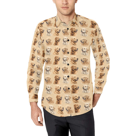 Dog Long Sleeve Men Button Up Shirt, Golden retriever Animal Print Guys Male Casual Dress Buttoned Collared Chest Pocket Plus Size