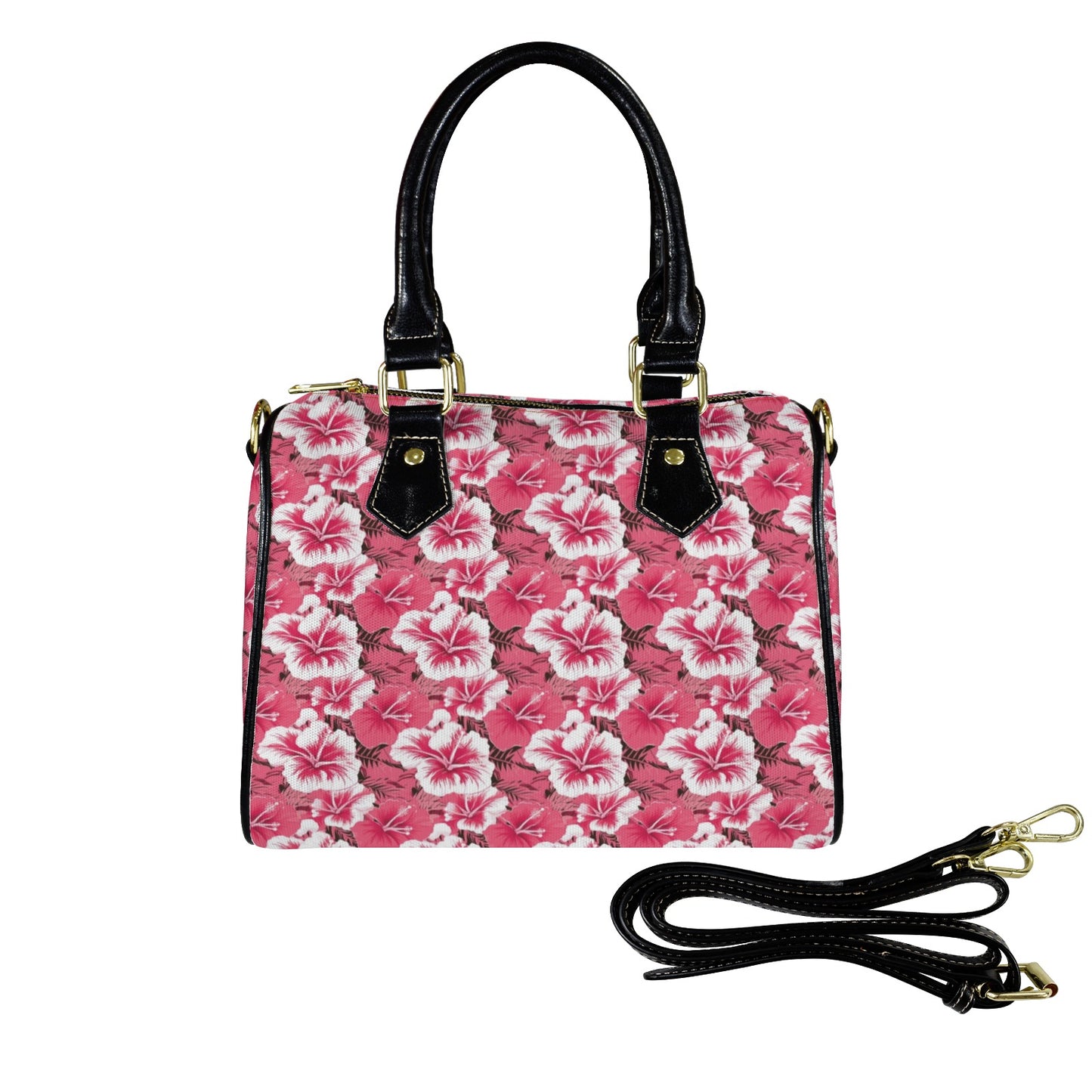 Pink Hibiscus Purse Handbag, Floral Flowers Women Ladies Print Canvas and Leather Barrel Type Designer Accessory Shoulder Crossbody Bag Gift